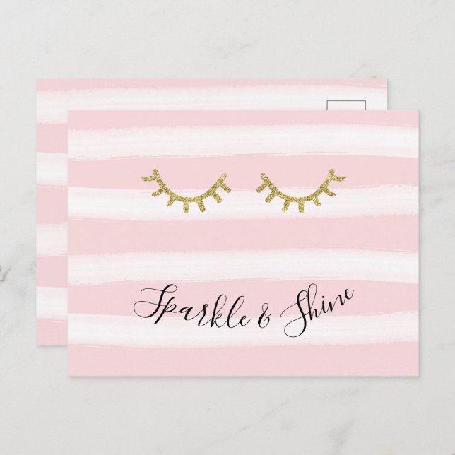 Girl Pink Stripes Gold Glitzer Eyelashes Postkarte (Vorne/Hinten)