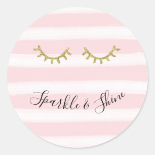 Girl Pink Stripes Gold Glitzer Eyelashes Runder Aufkleber