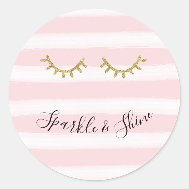 Girl Pink Stripes Gold Glitzer Eyelashes Runder Aufkleber (Vorderseite)