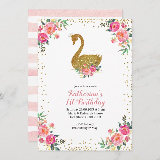 Girl Pink und Gold Swan zum Geburtstag Einladung (Vorne/Hinten)