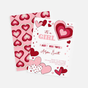 Girl Pink Valentine's Day Hearts Baby Shower Einladung
