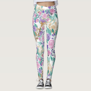 Girl Pink Violet Lila Gold Aquarellfarben Blume Leggings