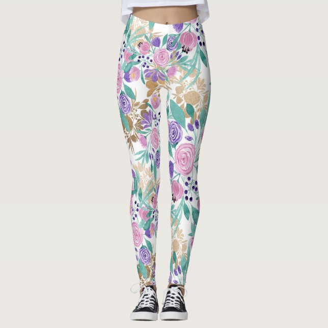 Girl Pink Violet Lila Gold Aquarellfarben Blume Leggings (Vorderseite)