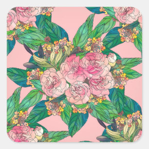 Girl Pink Wasserfarbe Blumenfarbe Handfarbe Quadratischer Aufkleber
