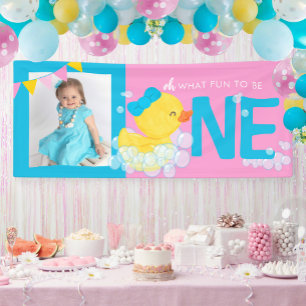 Girl Pink Watercolor Duck Oh What Fun Foto Party Banner