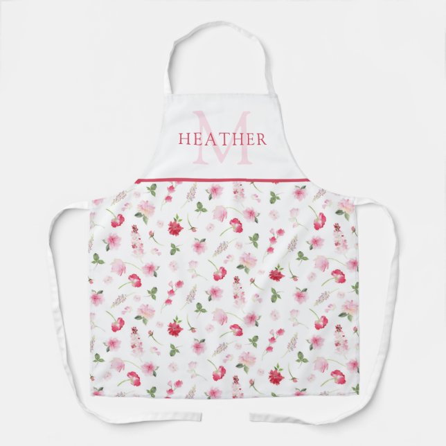 Girl Pink Watercolor Floral Pattern Monogramm Schürze (Vorderseite)