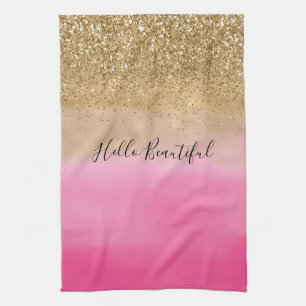 Girl Pink Watercolor Gold Glitzer Geschirrtuch