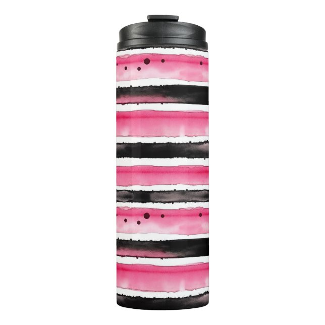 Girl Pink White Black Stripes Thermosbecher (Vorderseite)