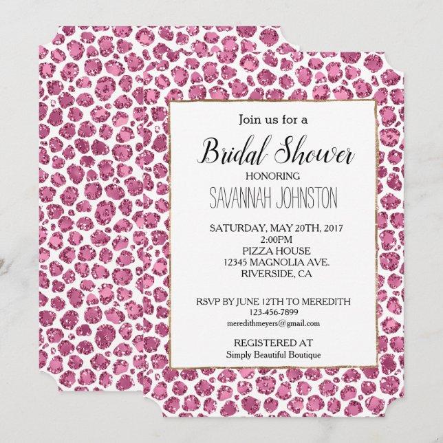 Girl Pink White Glam Glitzer Leopard Print Einladung (Vorne/Hinten)