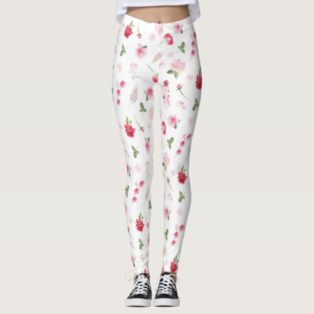 Girl Pink White Watercolor Floral Pattern Leggings (Vorderseite)