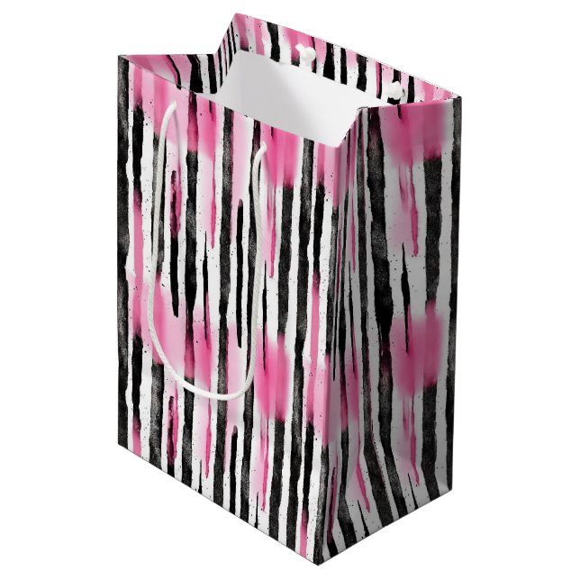 Girl Pink White Zebra Streifen Mittlere Geschenktüte (Vorderseite Schrägansicht)