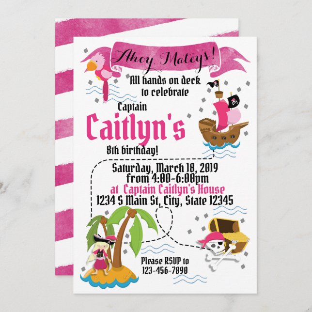 Girl Pirate Einladung (Vorne/Hinten)
