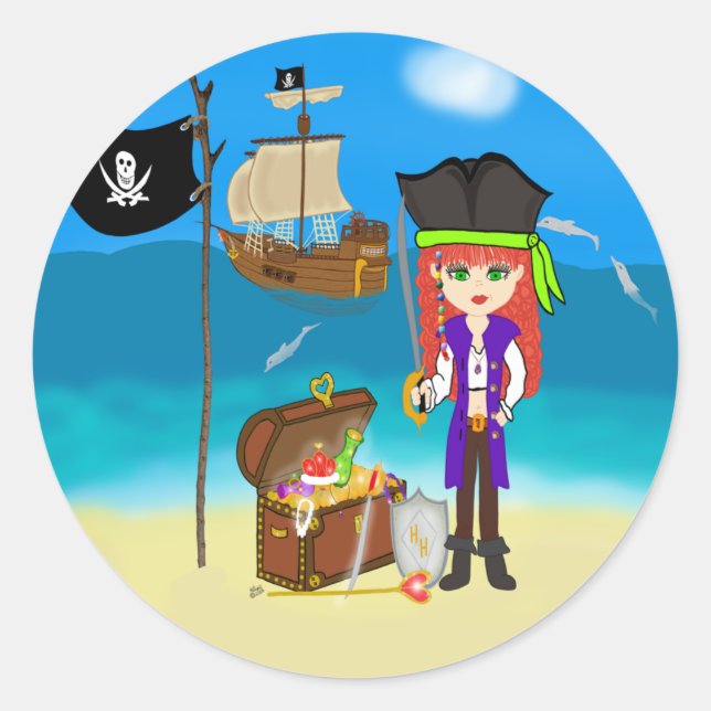 Girl Pirate mit Schatztruckern Runder Aufkleber (Vorderseite)