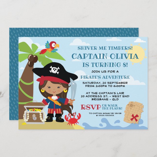 Girl Pirate Party Geburtstagseinladungen Einladung (Vorne/Hinten)