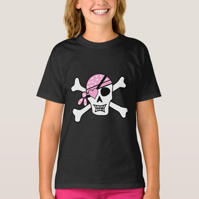 Girl Pirate Skull und Bones Black T-Shirt (Vorderseite)