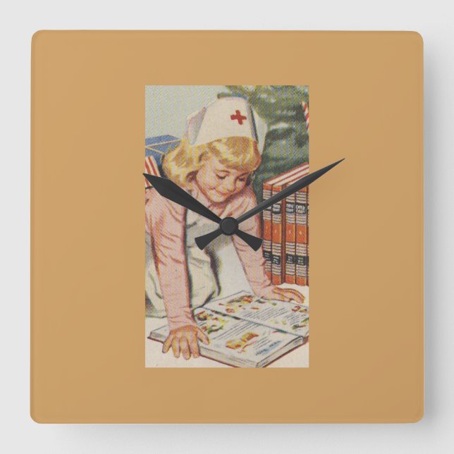 Girl play Nurse - Retro Quadratische Wanduhr (Vorderseite)
