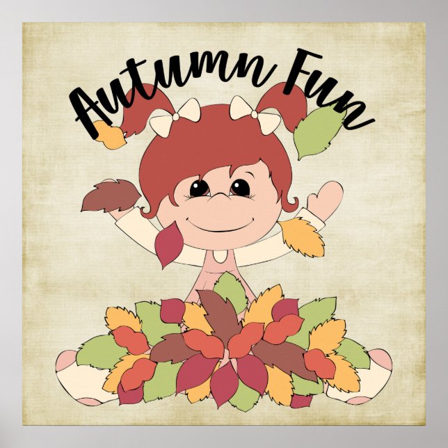 Girl Playing in Blätter - Herbstspass Poster (Vorne)