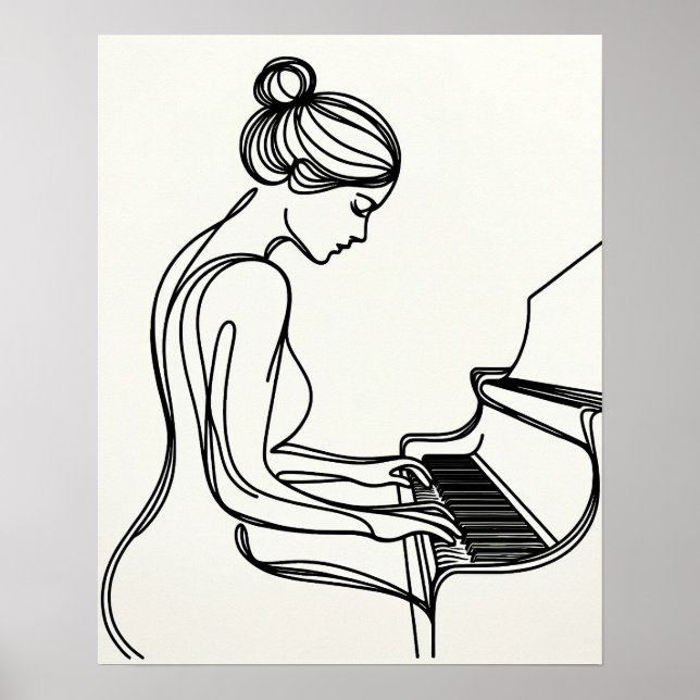 Girl Playing - Piano - Line Art Poster (Vorne)