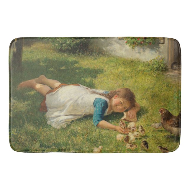 Girl Playing with Chicks (Hen und Huhn) Badematte (Vorderseite)