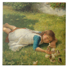 Girl Playing with Chicks (Hen und Huhn) Fliese