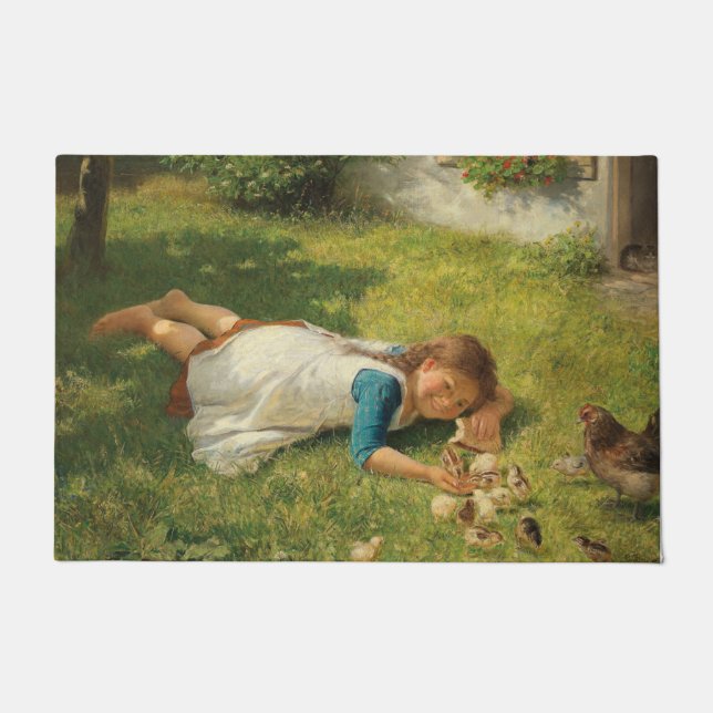Girl Playing with Chicks (Hen und Huhn) Fußmatte (Vorderseite)