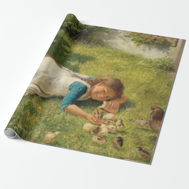Girl Playing with Chicks (Hen und Huhn) Geschenkpapier (Ungerollt)