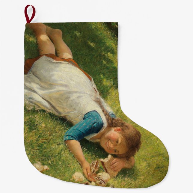 Girl Playing with Chicks (Hen und Huhn) Großer Weihnachtsstrumpf (Vorderseite)