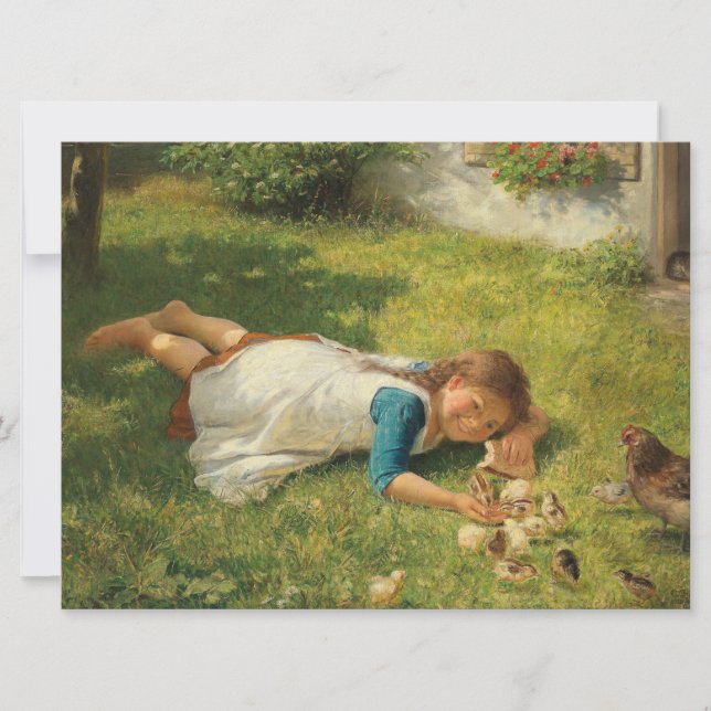 Girl Playing with Chicks (Hen und Huhn) Karte (Vorderseite)