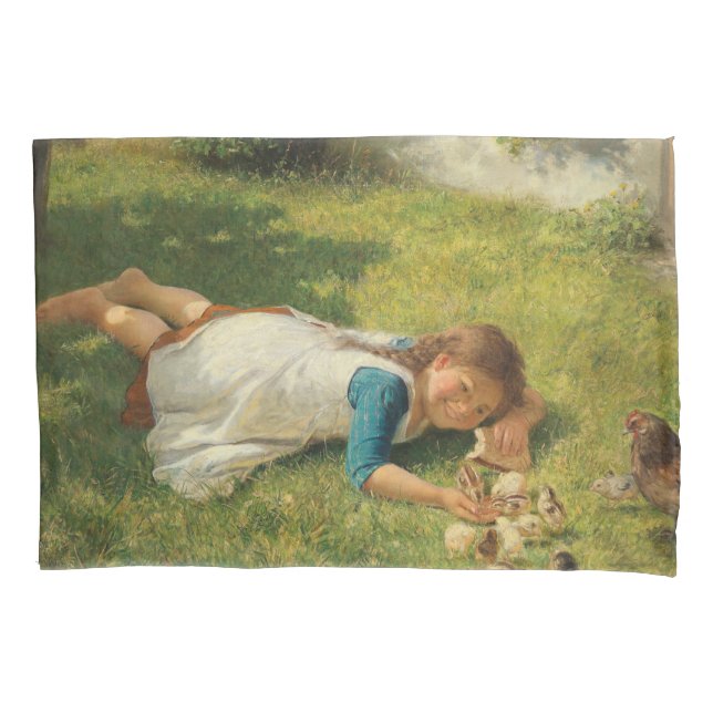Girl Playing with Chicks (Hen und Huhn) Kissenbezug (Vorderseite-Links)