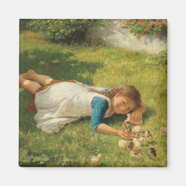 Girl Playing with Chicks (Hen und Huhn) Magnet (Vorne)