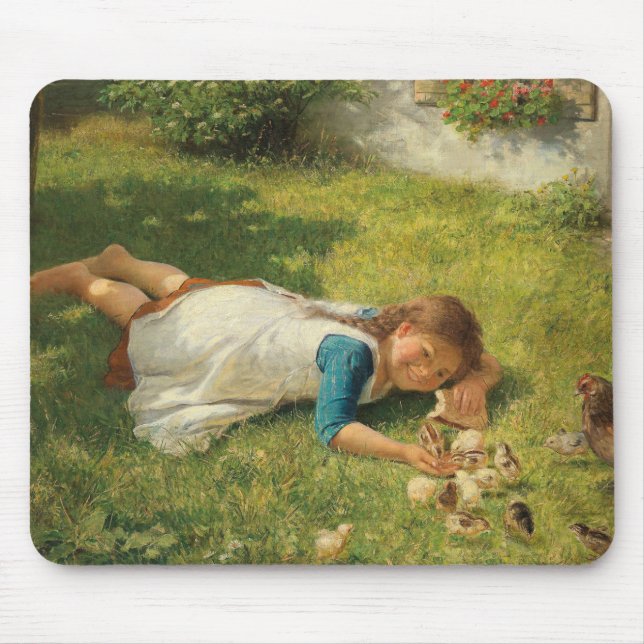 Girl Playing with Chicks (Hen und Huhn) Mousepad (Vorne)