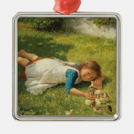 Girl Playing with Chicks (Hen und Huhn) Ornament Aus Metall