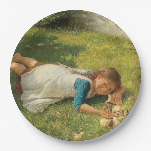 Girl Playing with Chicks (Hen und Huhn) Pappteller (Vorderseite)