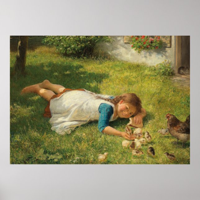 Girl Playing with Chicks (Hen und Huhn) Poster (Vorne)