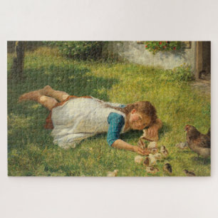 Girl Playing with Chicks (Hen und Huhn) Puzzle