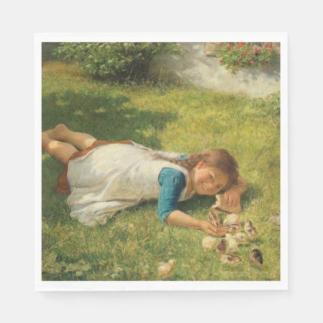 Girl Playing with Chicks (Hen und Huhn) Serviette (Vorderseite)