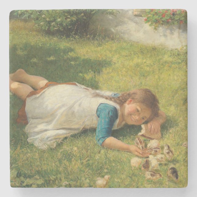 Girl Playing with Chicks (Hen und Huhn) Steinuntersetzer (Vorderseite)