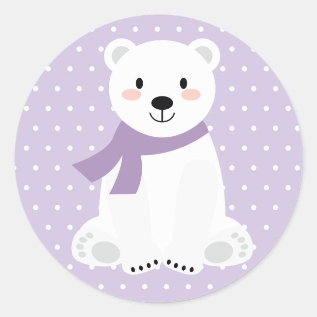 Girl Polar Bear Baby Dusche Lila Runder Aufkleber (Vorderseite)