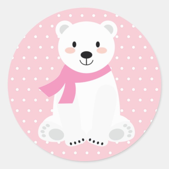 Girl Polar Bear Baby Dusche Pink Runder Aufkleber (Vorderseite)