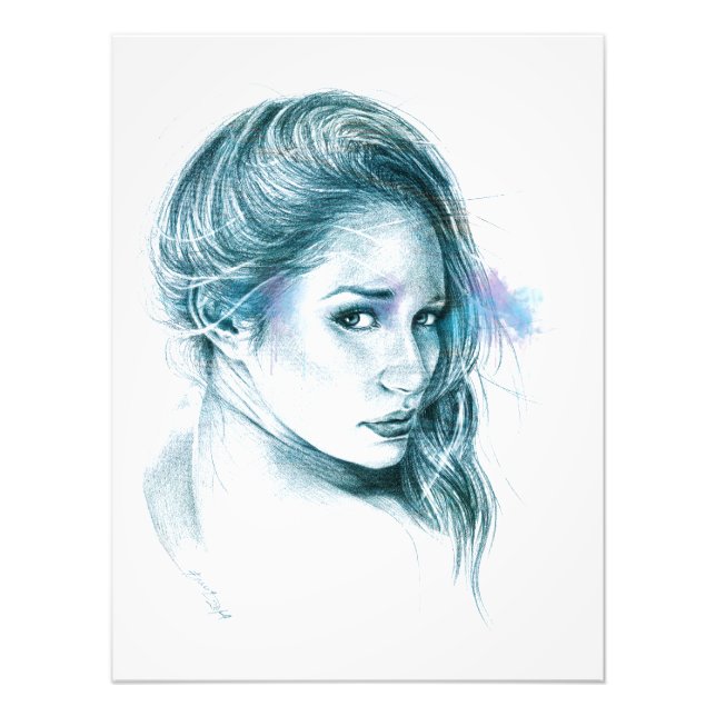 Girl-Portrait Bleistift zeichnend Kunst Blau Fotodruck (Vorne)