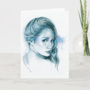 Girl-Portrait Bleistift zeichnend Kunst Blau Karte
