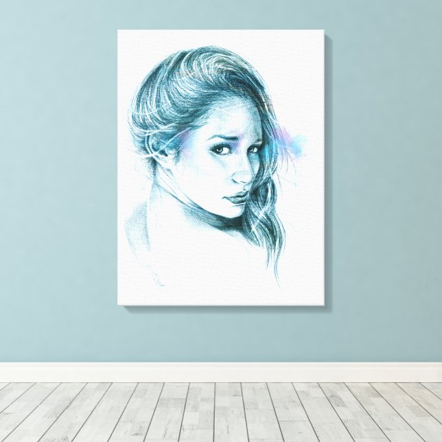 Girl-Portrait Bleistift zeichnend Kunst Blau Leinwanddruck (Insitu (Holzboden))