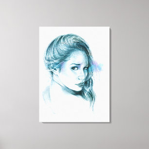 Girl-Portrait Bleistift zeichnend Kunst Blau Leinwanddruck