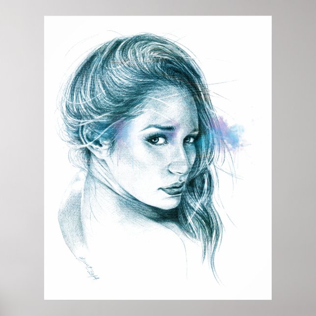 Girl-Portrait Bleistift zeichnend Kunst Blau Poster (Vorne)
