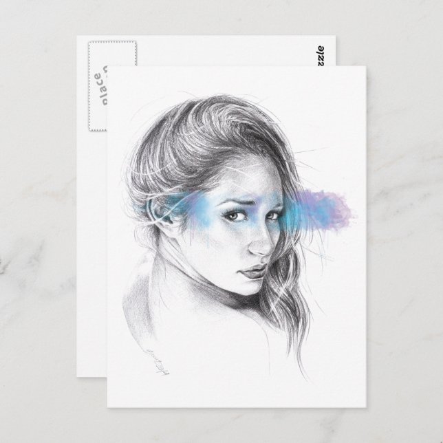 Girl-Portrait-Bleistift zeichnend Kunst Postkarte (Vorne/Hinten)