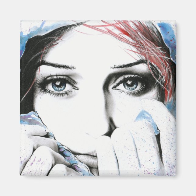 Girl-Portrait Hübsche Augen Wasserfarbene Malkunst Magnet (Vorne)