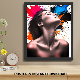 Girl-Portrait in Grau Elegance und Farbexplosion Poster