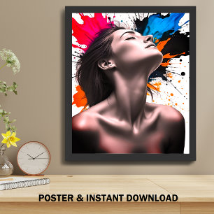 Girl-Portrait in Grau Elegance und Farbexplosion Poster