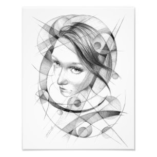 Girl-Portrait Zeichnend Art Geometric Circles Line Fotodruck