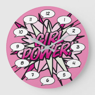 GIRL POWER Comic Pop Rosa Große Wanduhr